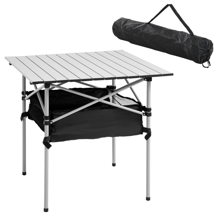 Mesa de Camping Plegable Mesa Plegable Portátil Multifuncional con Espacio Almacenaje de Malla y Bolsa de Transporte para Jardín Balcón Patio Exterior 70x70x69 cm Plata