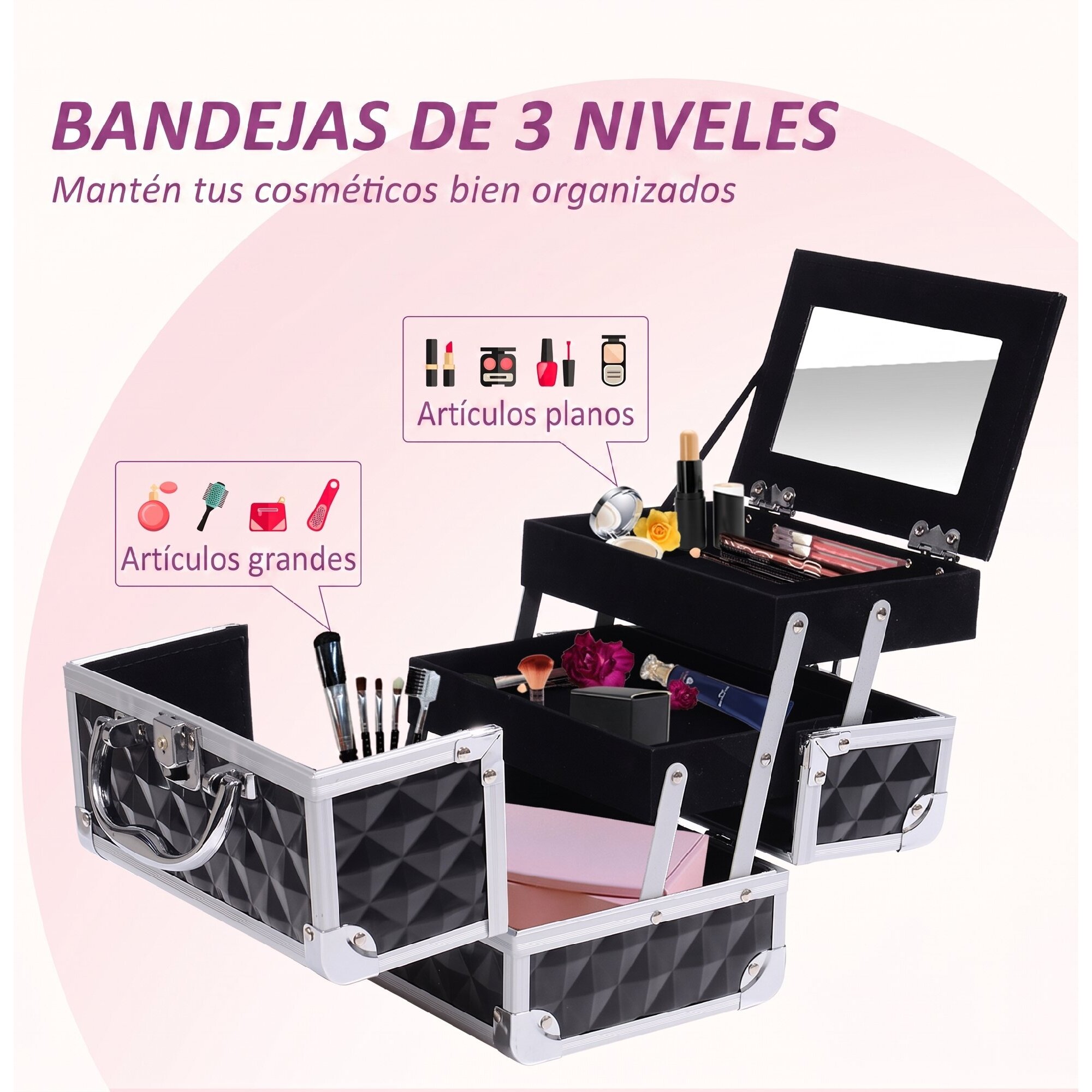 Maletín de Maquillaje Organizador Cosméticos Profesional Estuche de Maquillaje Caja de Belleza Portátil Con Espejo Cerradura Varios Compartimientos 20x15x15cm Aluminio Negro