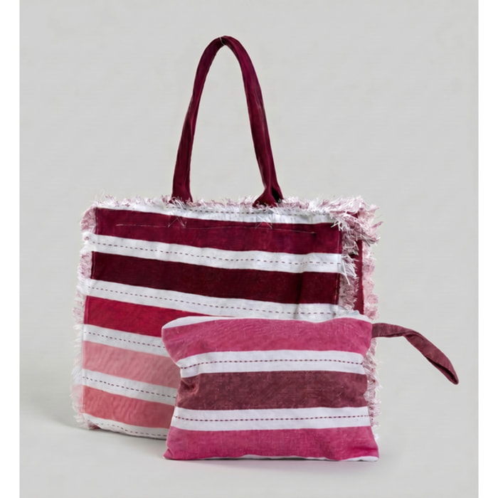 Borsa mare donna con pochette coordinata a righe multicolor, shopper spiaggia grande con zip e frange decorative, capiente e leggera, ideale per telo mare e accessori estivi, perfetta per spiaggia piscina vacanze e tempo libero