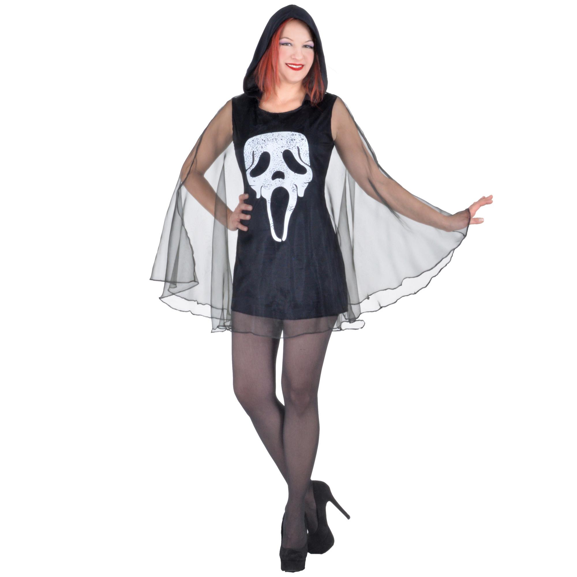 Vestito Halloween Night Donna Black Ghost Lady Con Tulle E Cappuccio Nero