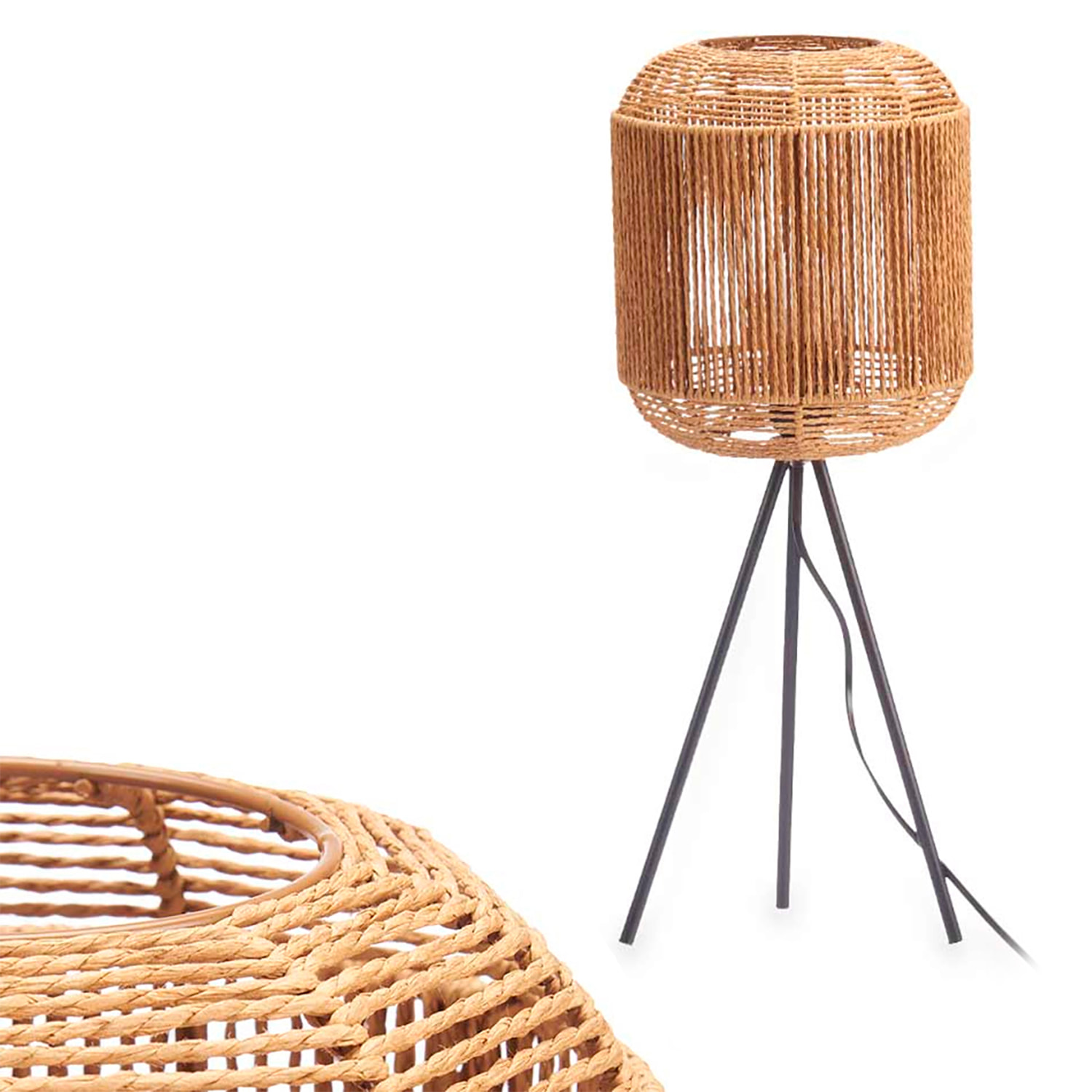 Lámpara trípode diseño cilindro cuerda. Potencia máxima 40W.