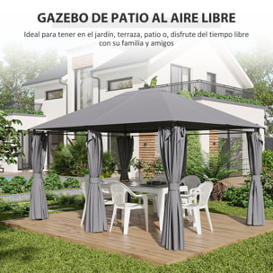 Cenador de Jardín 4x3 m Pabellón de Exterior con 6 Paredes Laterales 8 Orificios de Drenaje y Marco de Acero para Fiestas Patio Terraza Gris