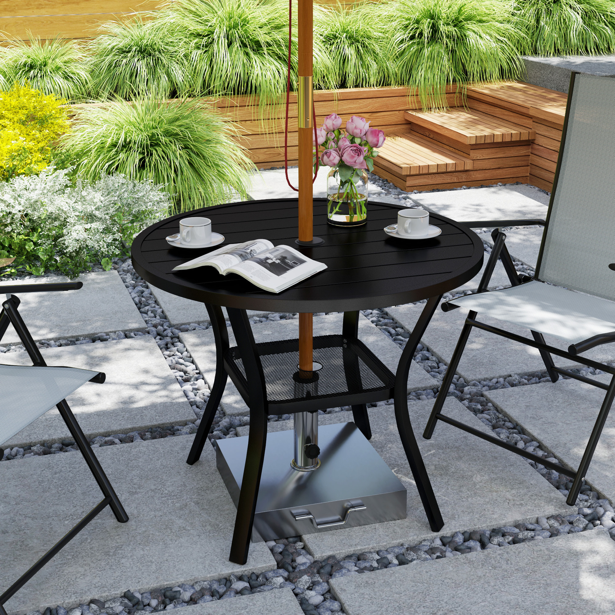 Mesa de Jardín Exterior con Orificio para Sombrilla Mesa de Comedor Exterior Redonda con Encimera de Metal Estante Inferior y Estructura de Acero para Patio Terraza Ø90x73 cm Negro