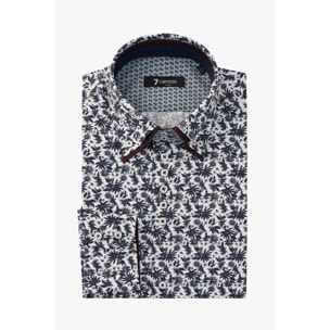 Camicia Uomo 2 Bottoni Button Down 7bottoni Doppio Coll Popeline Stampato Bianco e Blu