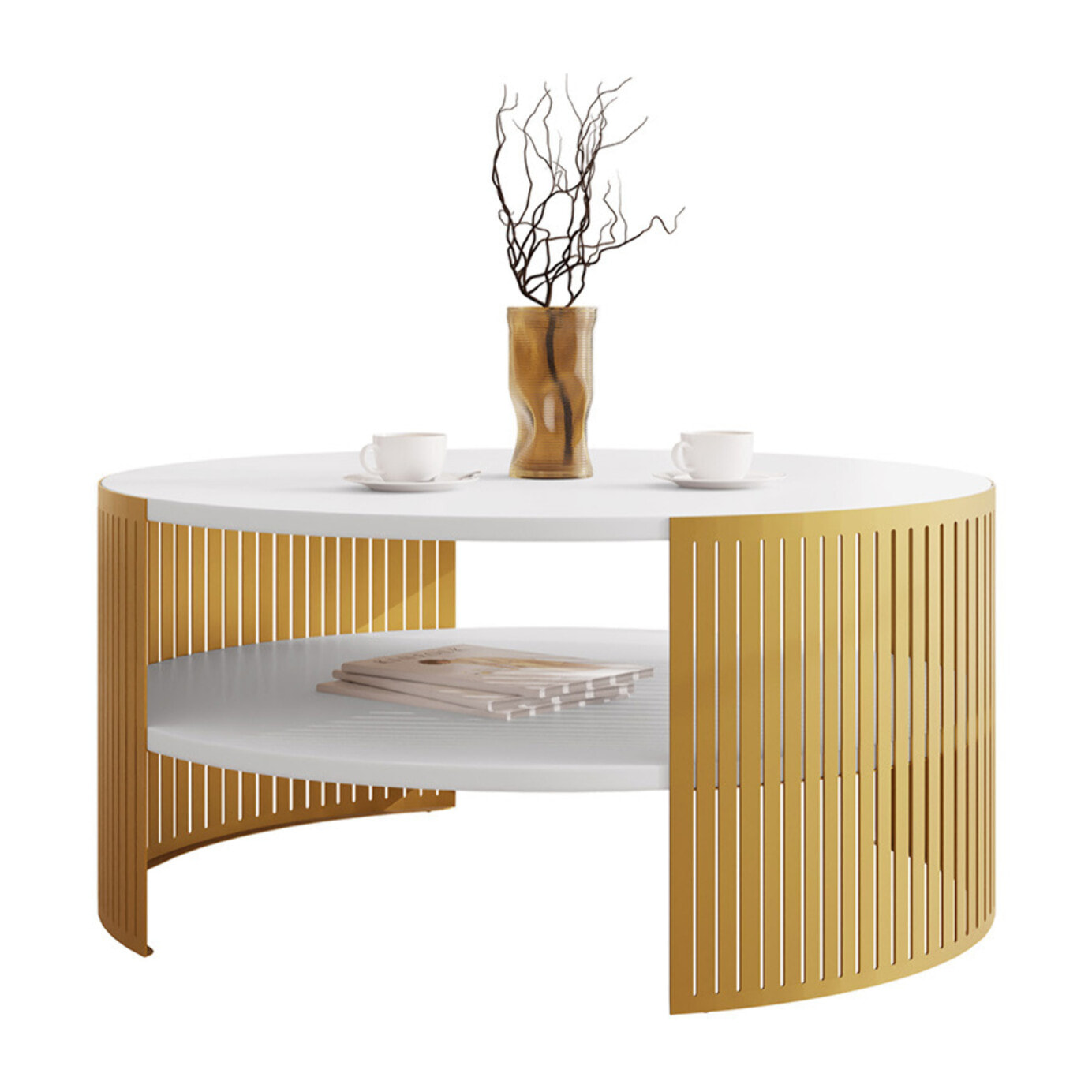 Cruz - table basse ronde - blanc et doré - 1 niche - 75 cm - Blanc / Doré