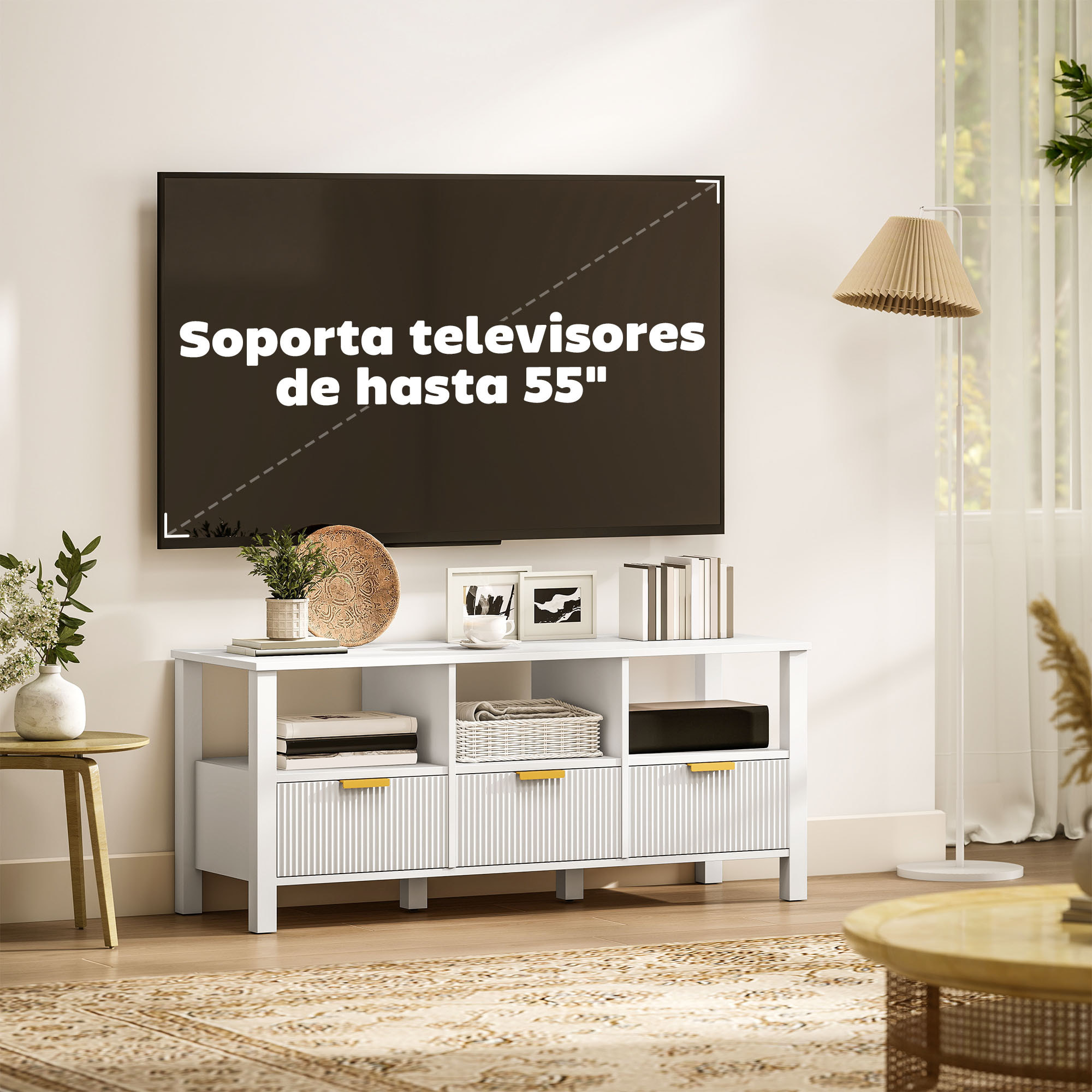 Mueble de TV Moderno, Mesa TV para Salón con 3 Cajones y 3 Estantes Abiertos, para Televisión 43-55 Pulgadas, 120x39,5x50 cm, Blanco