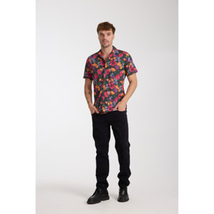 camicia uomo manica corta Popeline Stampato Blu/Arancio