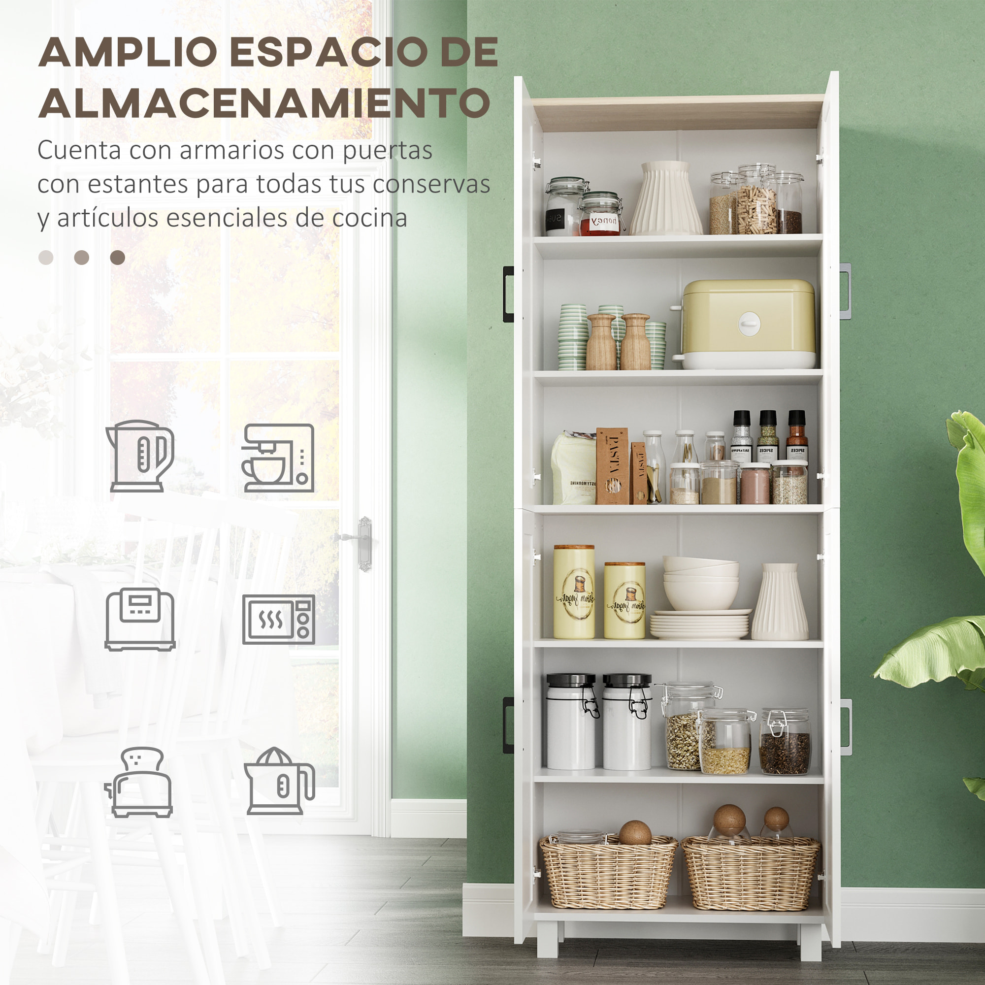 Alacena de Cocina Nórdico Mueble Aparador de Comedor Armario de Almacenaje de Cocina con 4 Puertas y Estantes Ajustables Antivuelco 60x30x170,5 cm Blanco