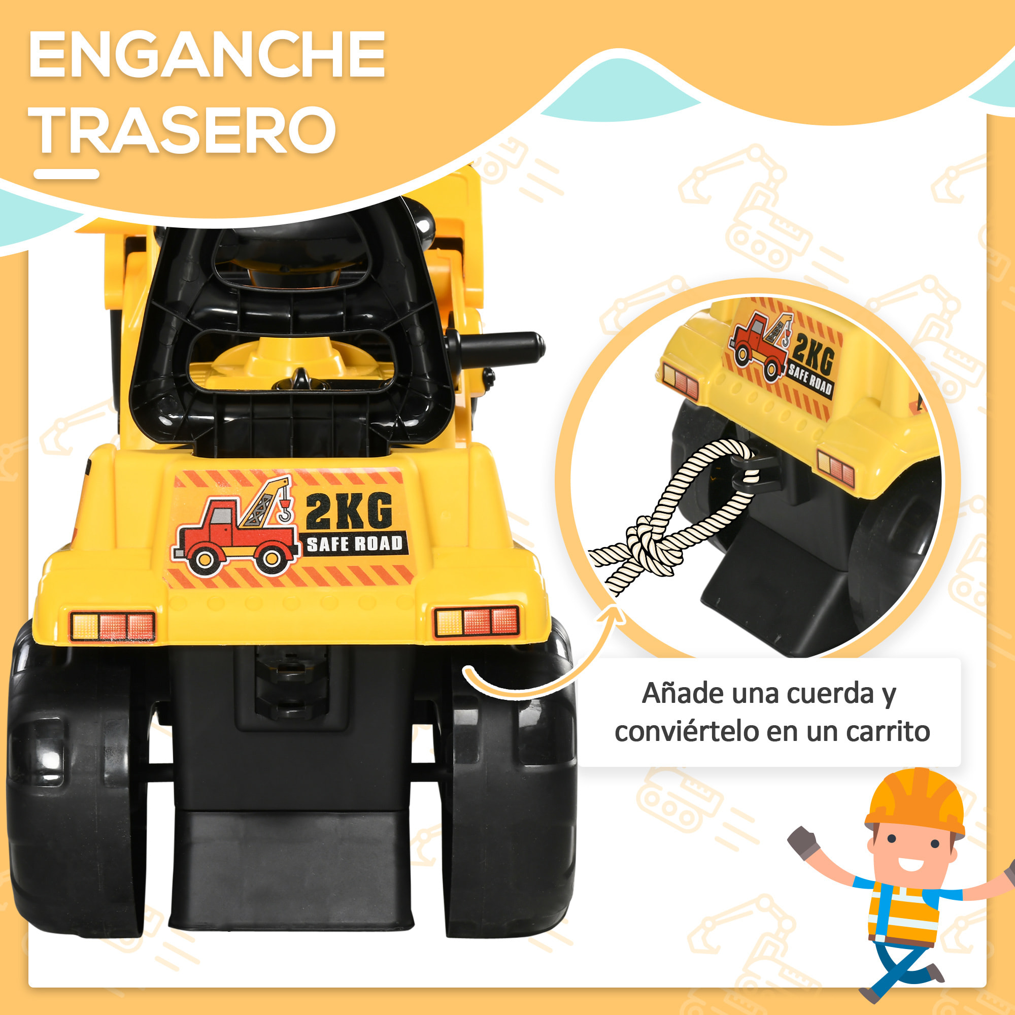 Tractor sin Pedales Excavadora para Niños de +3 Años con Bocina Asiento de Almacenamiento Oculto y Pala Móvil Carga 30 kg 83x27x39 cm Amarillo