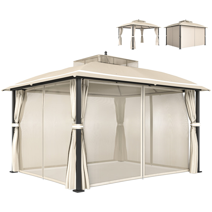 para Jardín 3x3,7 m, Pabellón de Jardín Gazebo con Doble Techo, Paredes Laterales, Mosquiteras, Marco de Metal, Resistente al Agua, Anti-UV, Carpa para Exterior, Terraza, Patio, Beige