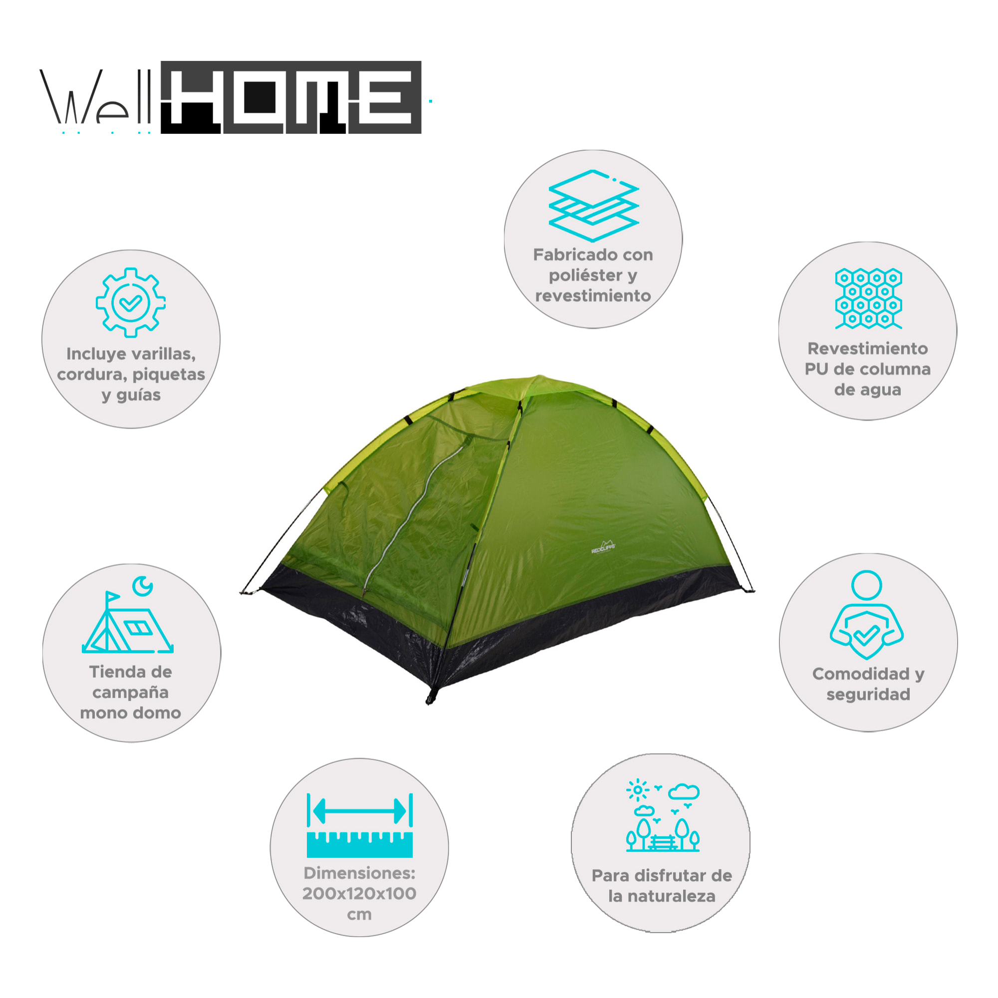Well home tienda de campaña monodomo para 2 personas en color verde 200x120x100cm