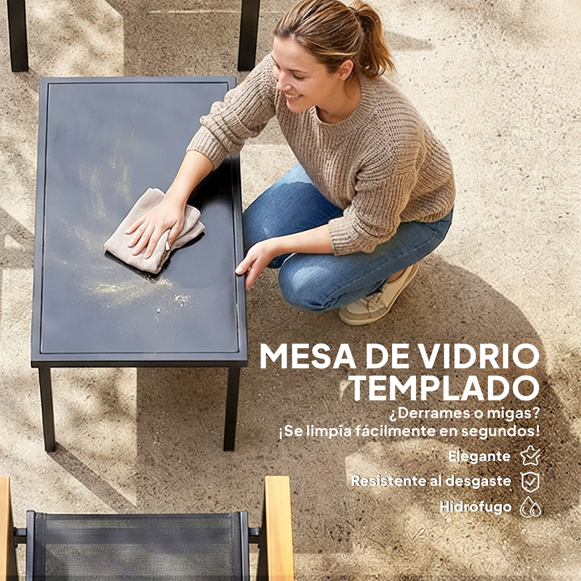 Conjunto Jardín Exterior de 4 Piezas, Muebles Jardín Exterior con Sofá de 2 Plazas, 2 Sillones, Mesa de Cristal Templado, Tela Textilene, Reposabrazos Anchos, Negro