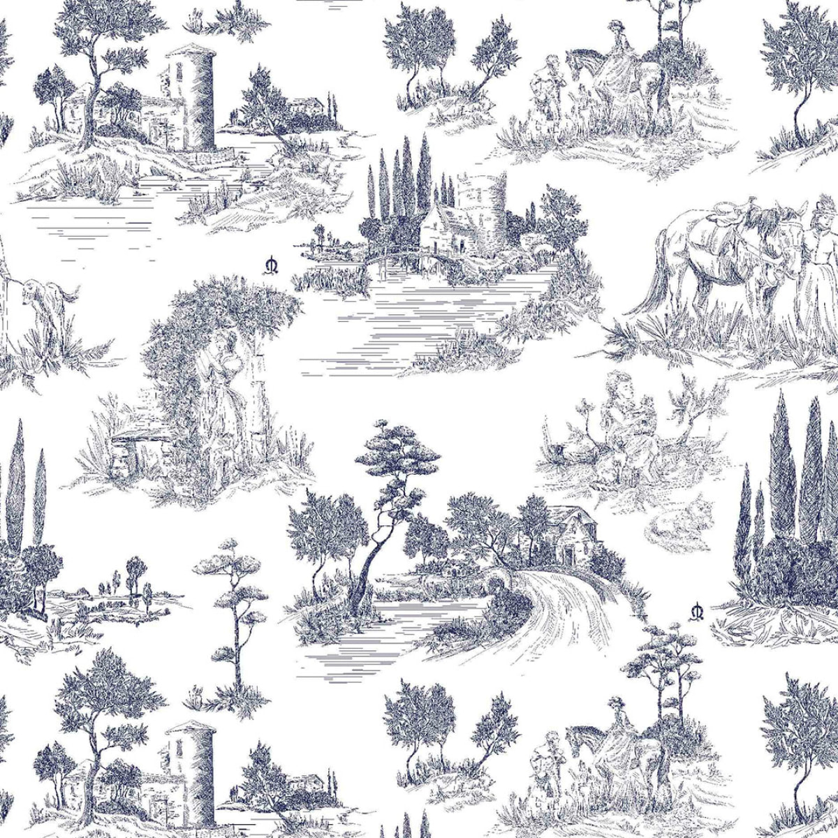 Funda nórdica El Caballo PAISAJE TOILE DE JOUY Azul - 100% algodón -