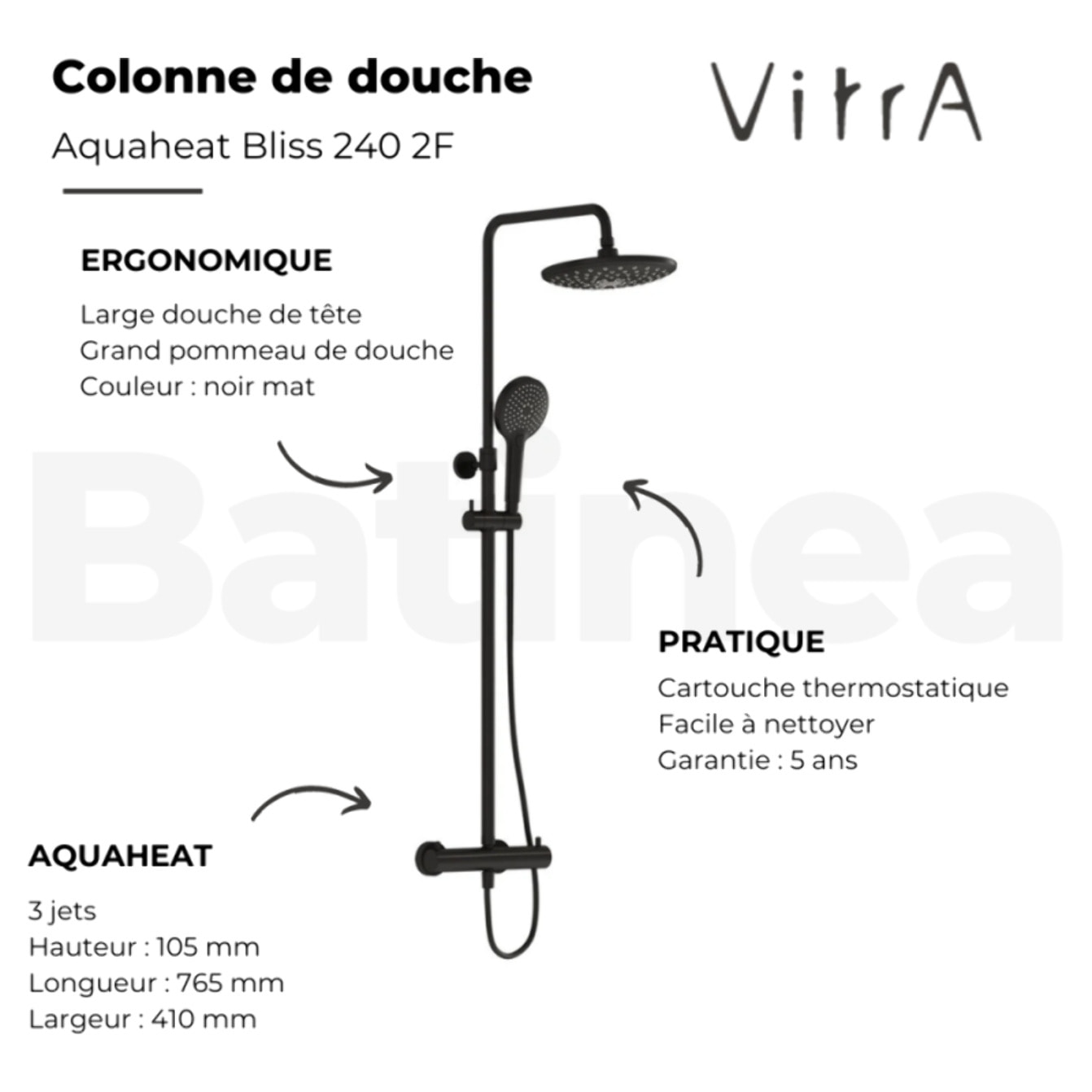 Colonne de douche thermostatique Aquaheat Bliss 240 2F noir mat