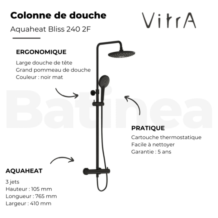 Colonne de douche thermostatique Aquaheat Bliss 240 2F noir mat