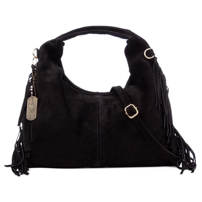 Barisciano borsa a spalla da donna. Pelle scamosciata autentica, con frange.