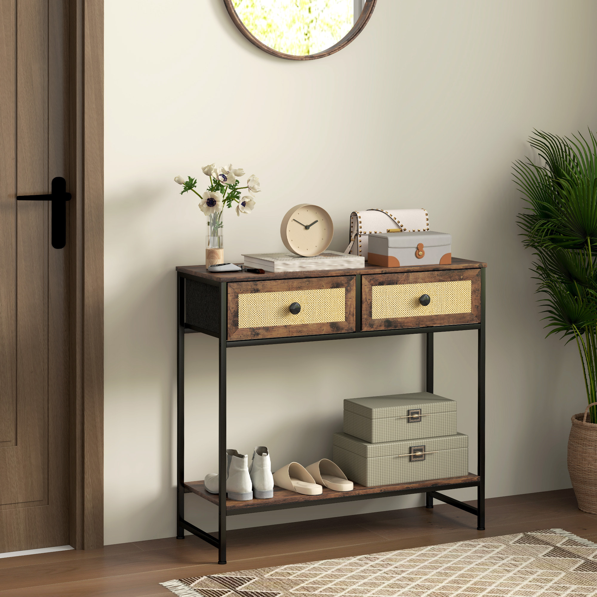 Mesa Consola Mueble para Recibidor con Estante Abierto y 2 Cajones Frontales de Ratán Consola para Recibidor Entrada Pasillo 80x30x75 cm Marrón Rústico