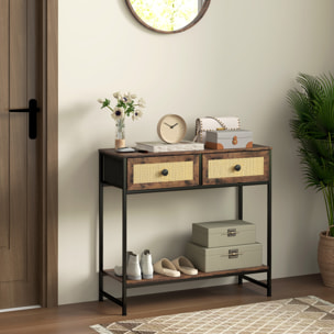 Mesa Consola Mueble para Recibidor con Estante Abierto y 2 Cajones Frontales de Ratán Consola para Recibidor Entrada Pasillo 80x30x75 cm Marrón Rústico