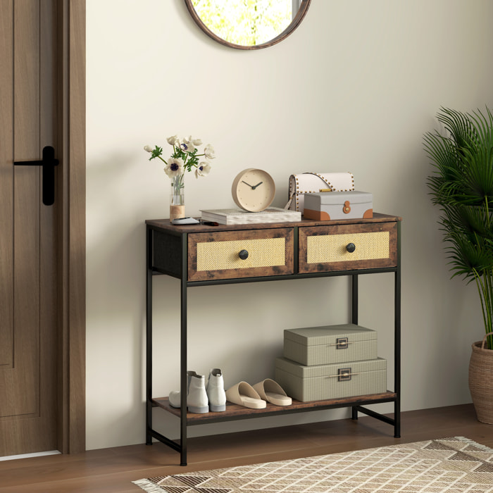 Mesa Consola Mueble para Recibidor con Estante Abierto y 2 Cajones Frontales de Ratán Consola para Recibidor Entrada Pasillo 80x30x75 cm Marrón Rústico