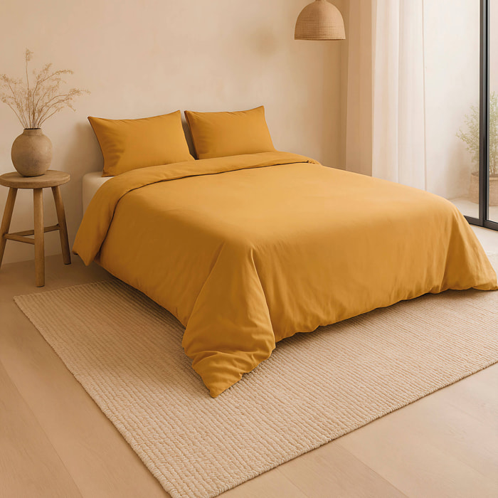 Naturals - Funda Nórdica Lisa - Cierre con botones - 100% Algodón - Incluye 1/2 Fundas de Almohada - Ocre