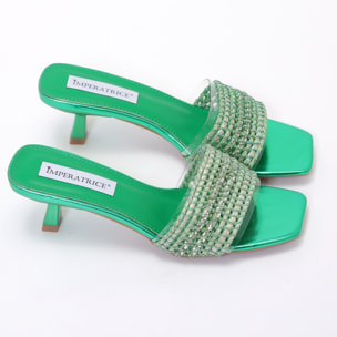 Sandali con tacco basso a rocchetto e fascia con ricamo e pietre