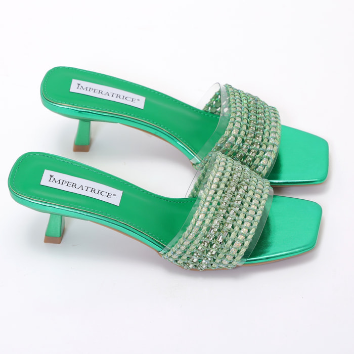 Sandali con tacco basso a rocchetto e fascia con ricamo e pietre