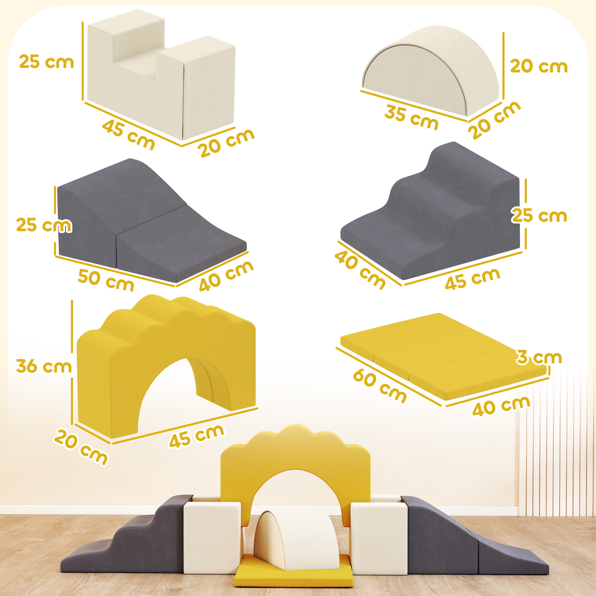 Juego de 7 Bloques de Espuma para Niños, Bloques de Psicomotricidad Infantil con Base Antideslizante, Montessori, Set de Escalada Suave Interior para Escalar y Gatear, 0,5-3 Años, Amarillo