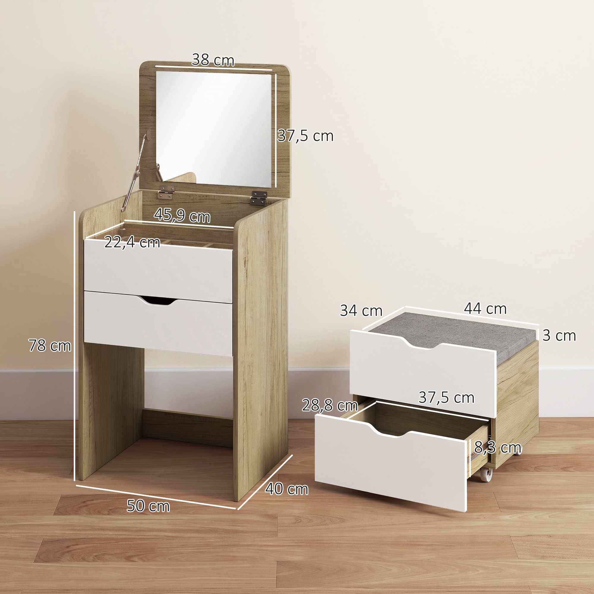 Coiffeuse chevet bureau d'appoint avec tabouret 3 en 1 multi-rangement
