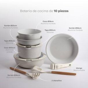 batería de cocina 10 pzs beige/mango extraíble,3 sartenes,2 cazos,tapas y utensilios/aluminio fundido revestimiento antiadherente