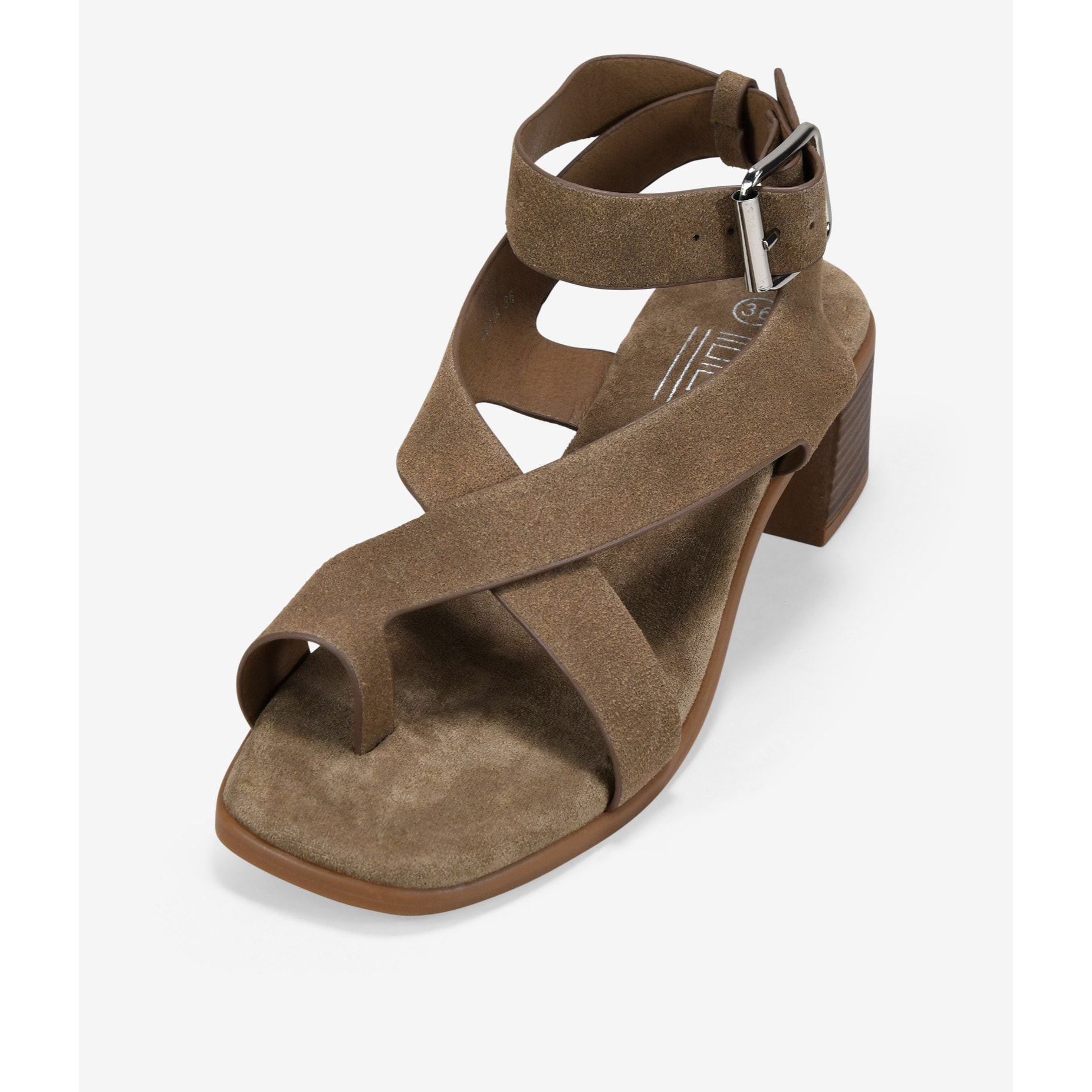Sandalias de dedo taupe en piel con tacón