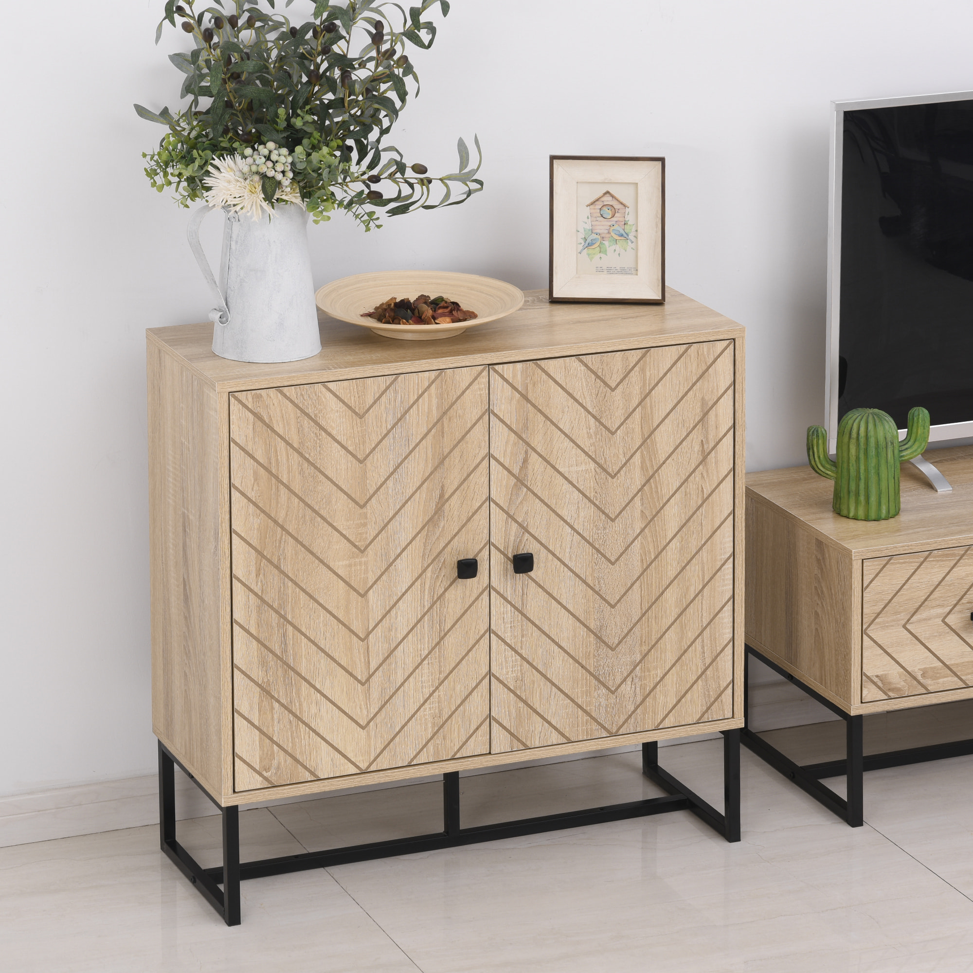 HOMCOM Buffet meuble de rangement 2 portes bois et pieds en métal noir dim. 80L x 29,5l x 80H cm