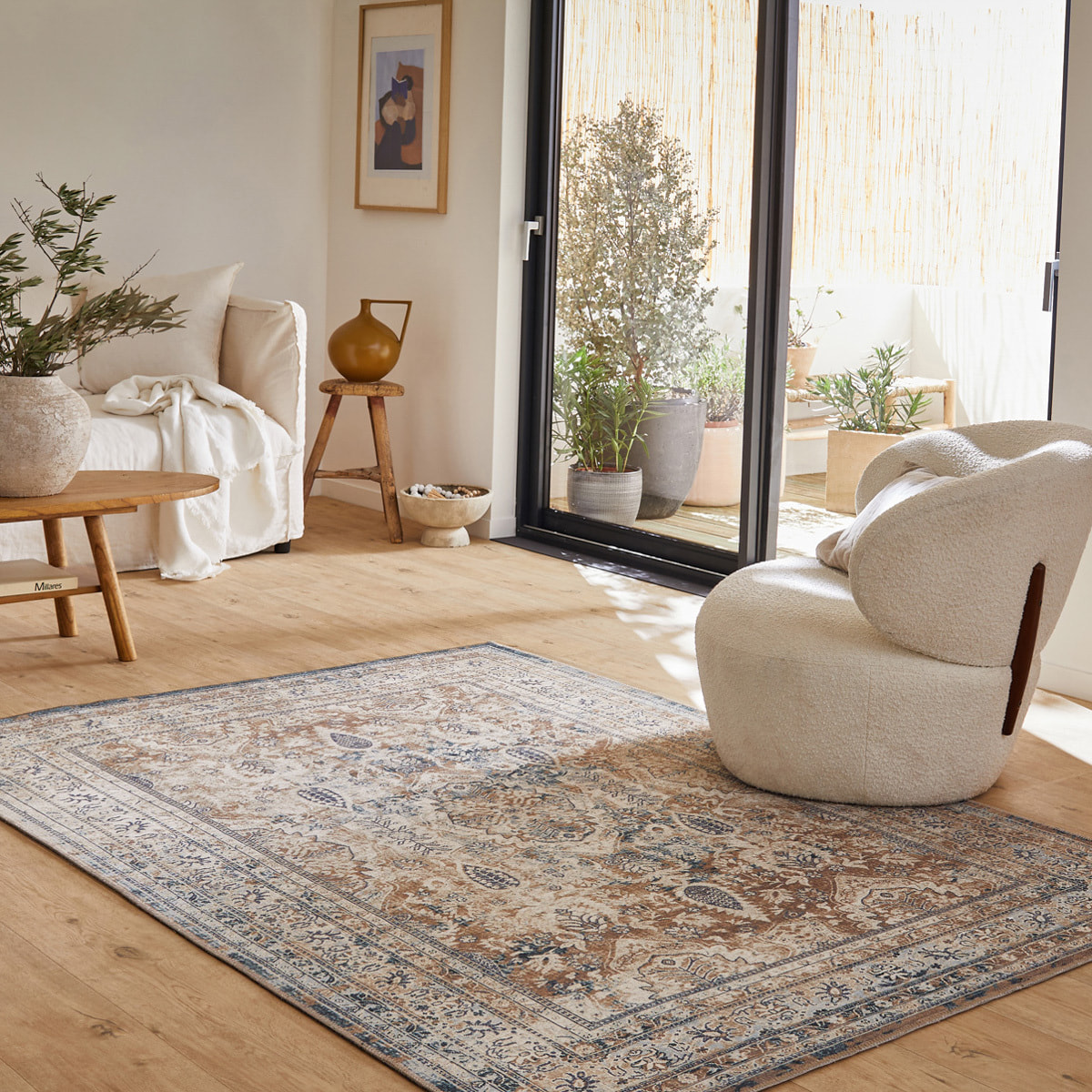 Carry - tapis vintage lavable en machine à 30°c, bleu