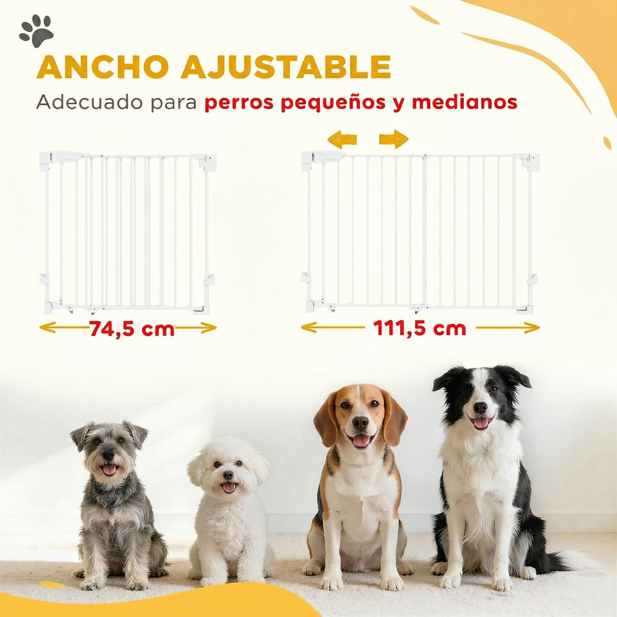 Barrera de Seguridad para Perros, Ancho 74,5-111,5 cm, Puerta para Perros para Puertas y Escaleras con Pestillo, Cierre Automático, Uso con Una Mano, Montada en la Pared, Sin Umbral, Blanco