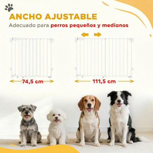 Barrera de Seguridad para Perros, Ancho 74,5-111,5 cm, Puerta para Perros para Puertas y Escaleras con Pestillo, Cierre Automático, Uso con Una Mano, Montada en la Pared, Sin Umbral, Blanco