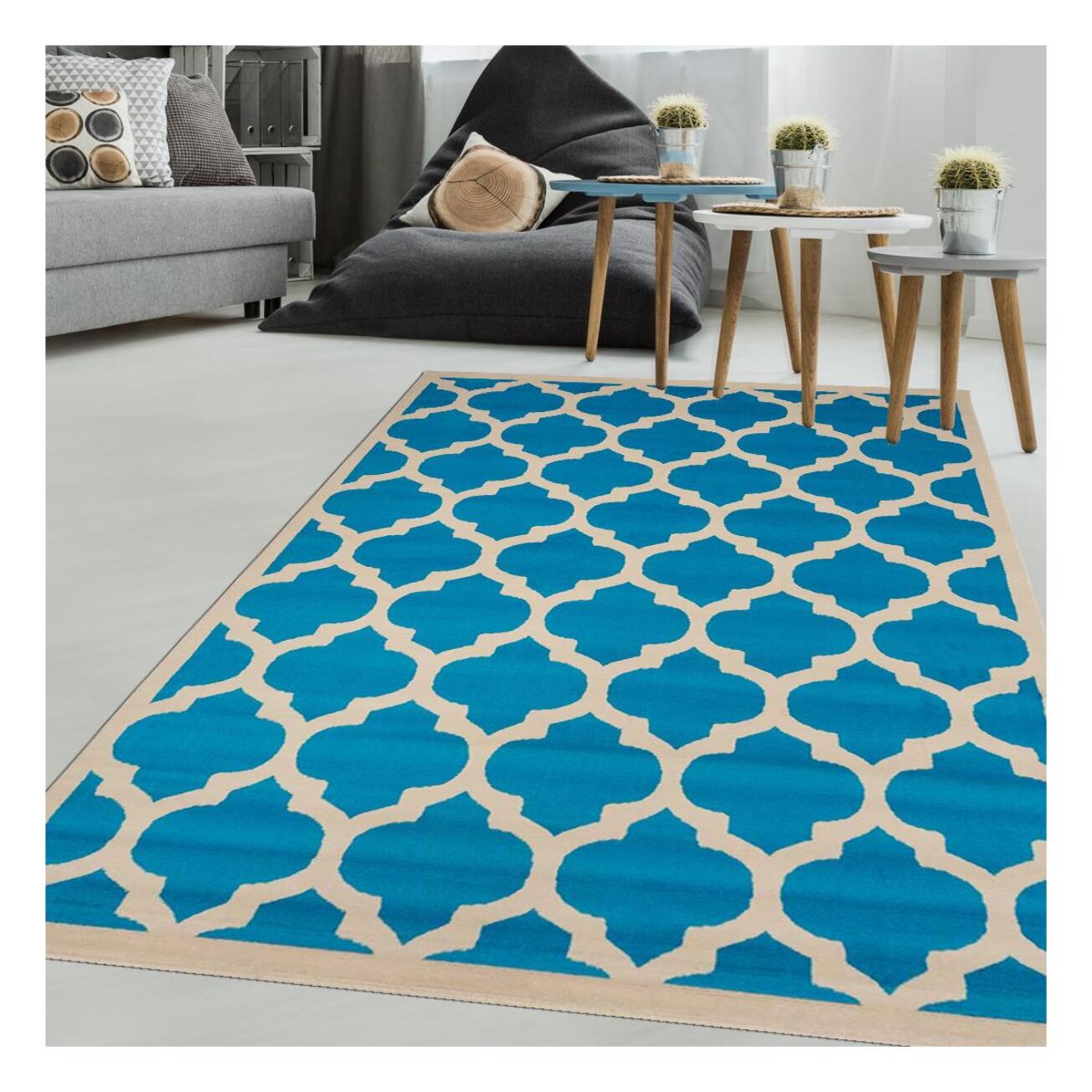 Petit tapis Begja bleu et blanc motif géométrique