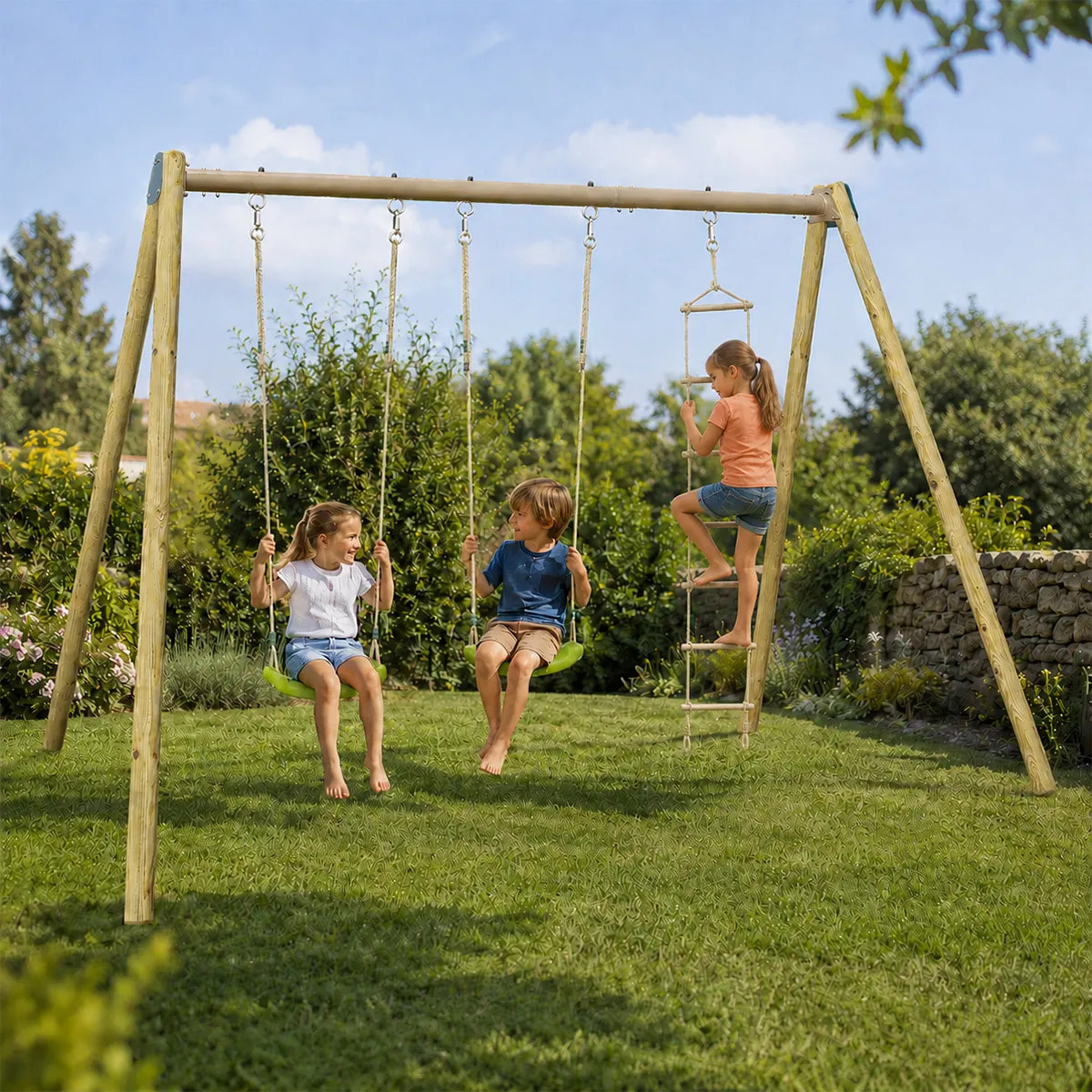 Balançoire double avec echelle de corde - Techwood Harmonie BLOU FUN - Aléo by Trigano