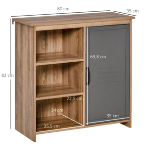 Aparador con Puerta de Metal Mueble Auxiliar con 3 Estantes Abiertos y Armario con Puerta y Balda Ajustable para Salón Cocina 80x35x82 cm Madera Natural