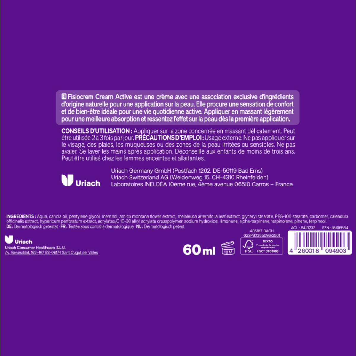 Fisiocrem Cream Active - Crème Apaisante Zones de Tension - 93% Ingrédients Naturels - Arnica, Calendula, Millepertuis & Arbre à Thé - 60ml