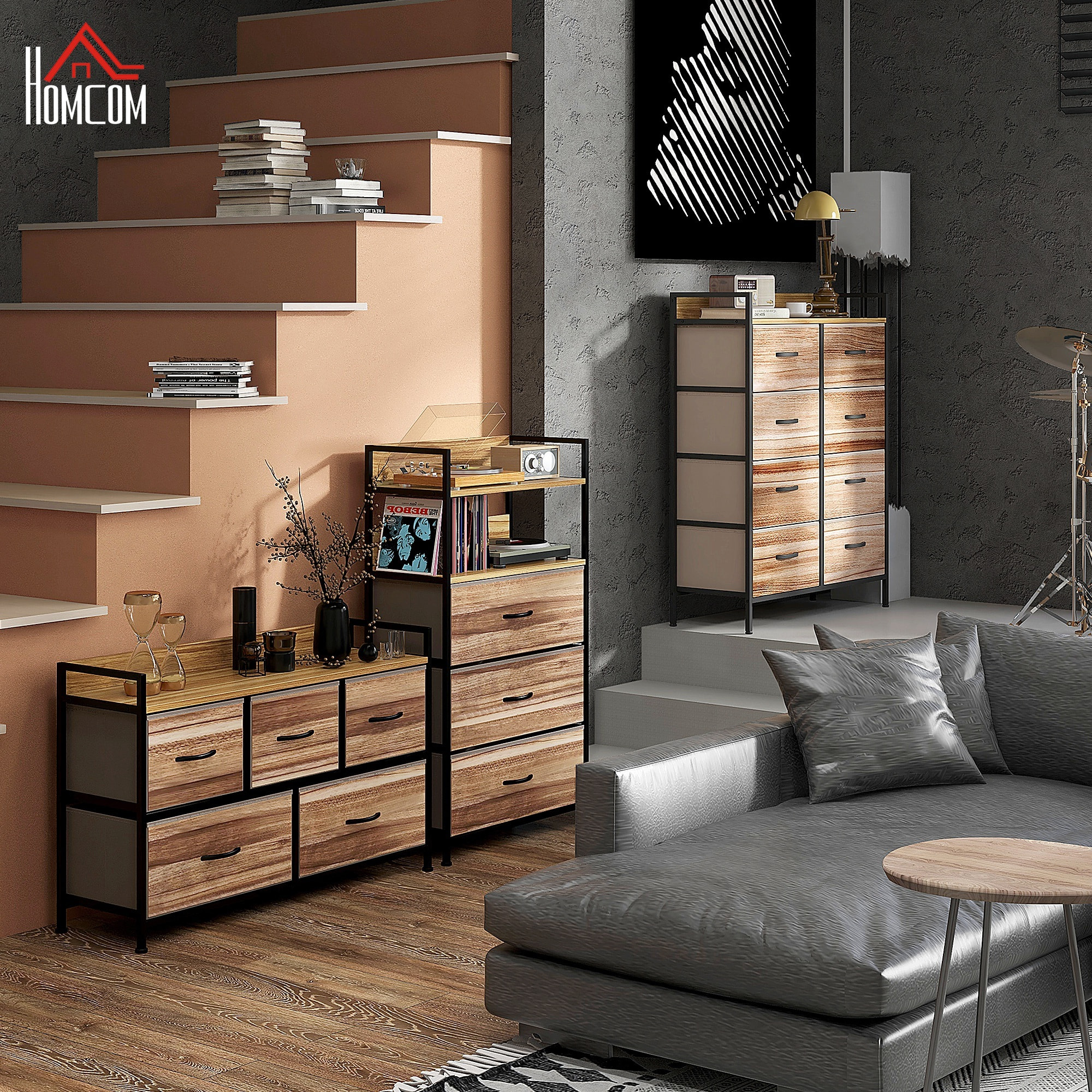 Mueble Organizador Cajonera de Tela con 5 Cajones y Marco Metálico Estilo Industrial para Salón Recibidor Dormitorio 98x29x63 cm Roble