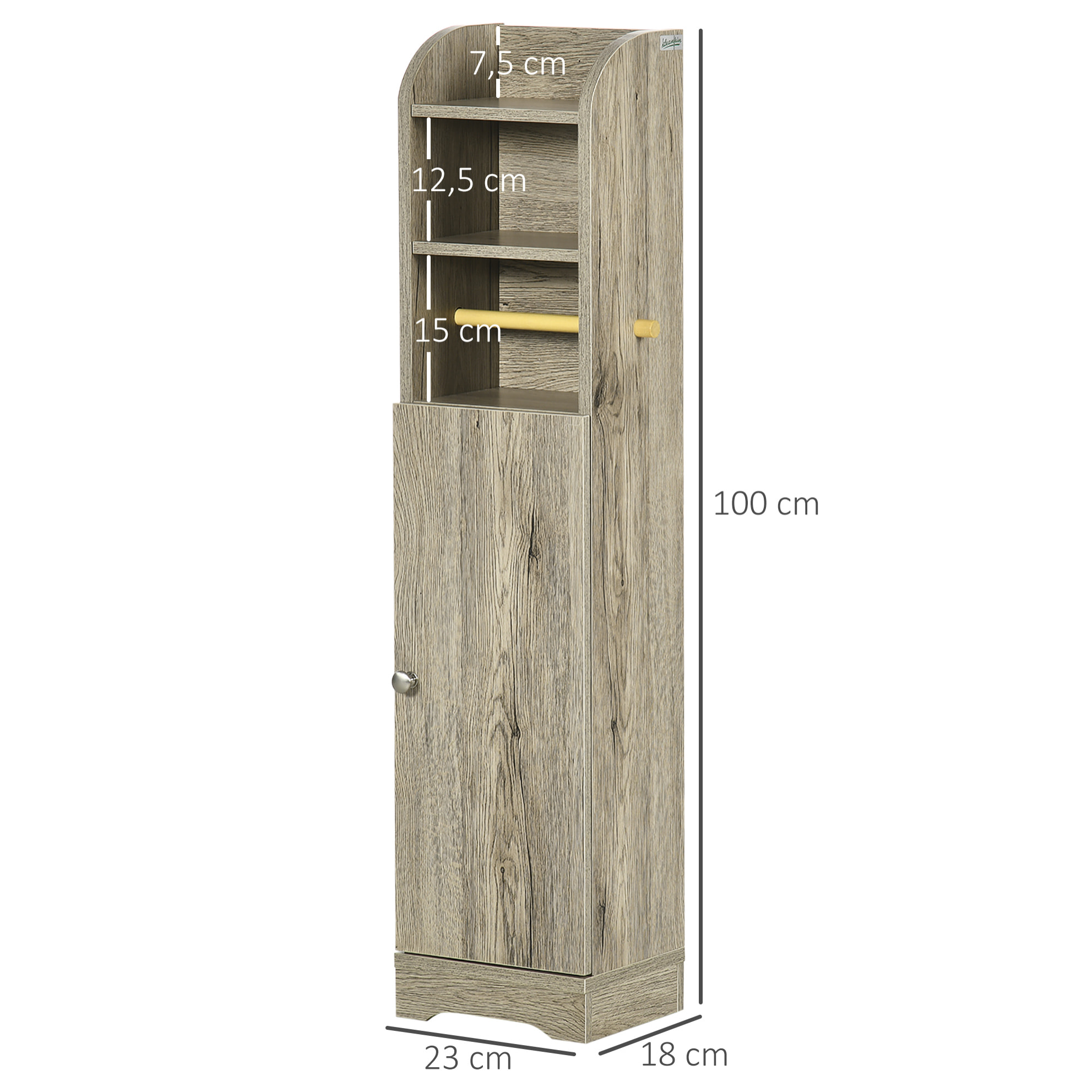 Armario Alto de Baño Columna Auxiliar de Baño Armario Multiusos con Estante Ajustable y Portarrollos de Papel para Salón Dormitorio 23x18x100 cm Gris