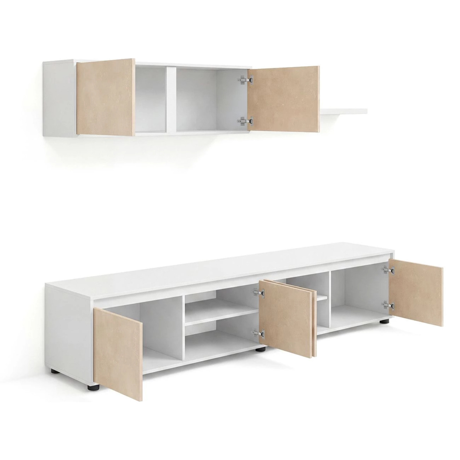 Salón con mueble de TV y estantería en blanco artik y efecto microcemento beige 200 cm Arlet Blanco Artik (Blanco Mate) - Microcemento Beige