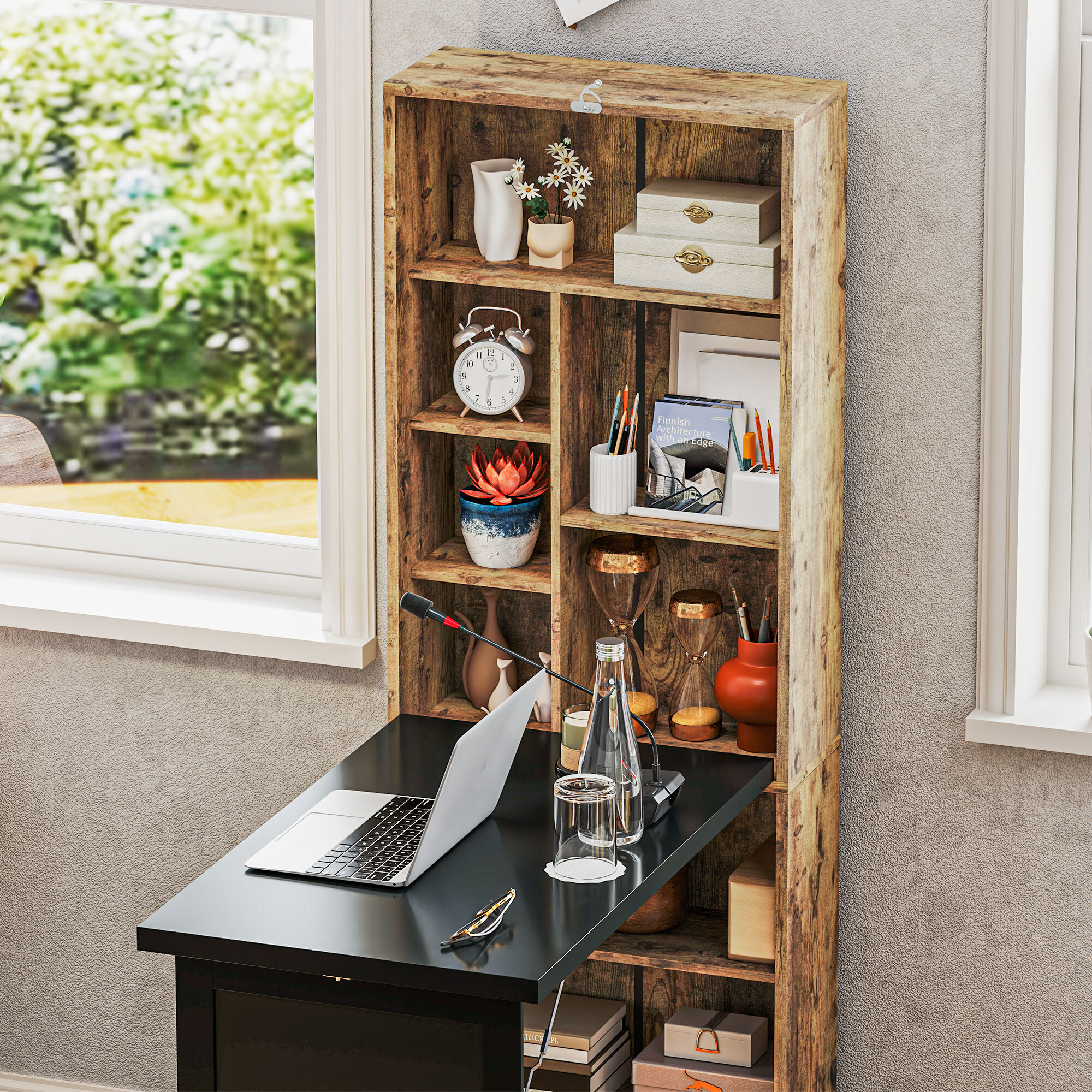 Bureau mural pliable table murale rabattable suspendue sur pied avec bibliothèque tableau à craie intégré panneaux particules bois