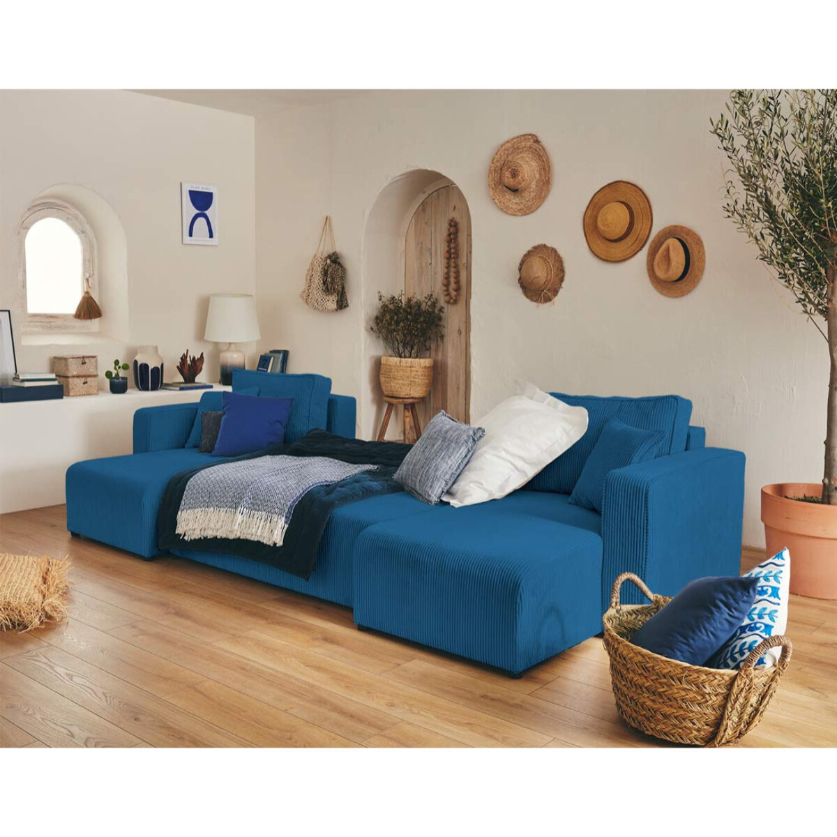 Topaze - canapé panoramique en U - 7 places - convertible avec coffre - en velours côtelé - Bleu Ardoise