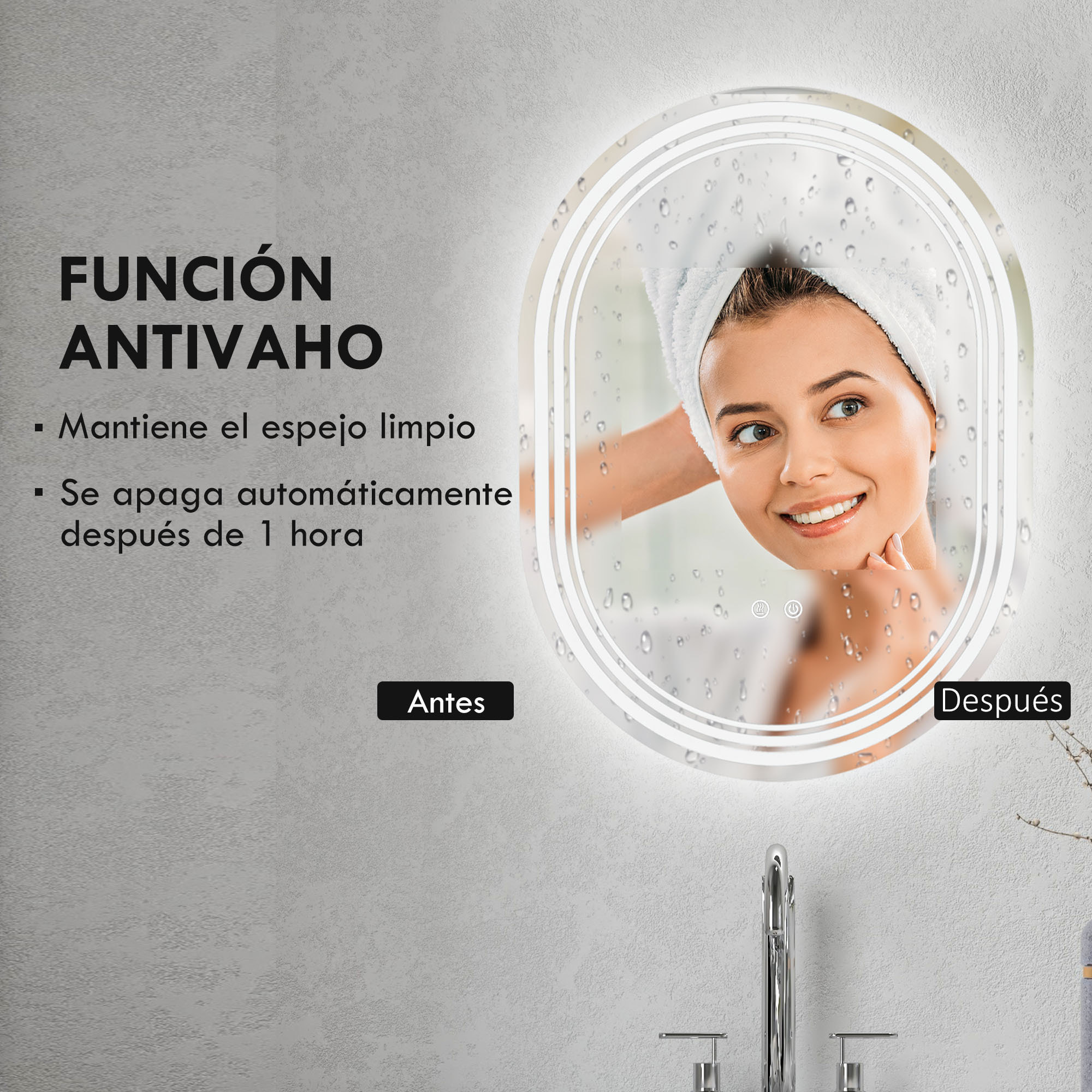 Espejo Baño con Luz, 70x50 cm, Espejo de Pared con 3 Colores de Luz, Brillo Regulable, Función Antivaho, Función de Memoria, Interruptor Táctil, IP44, Horizontal/Vertical