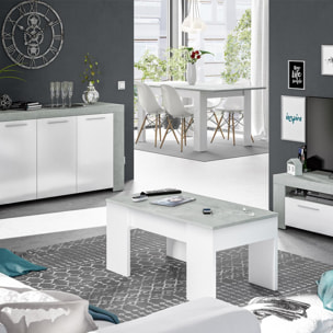 Tavolino da salotto Oceanside, Tavolino da caffè con piano elevabile, Tavolo basso da soggiorno, cm 100x50h45/56, Bianco e cemento