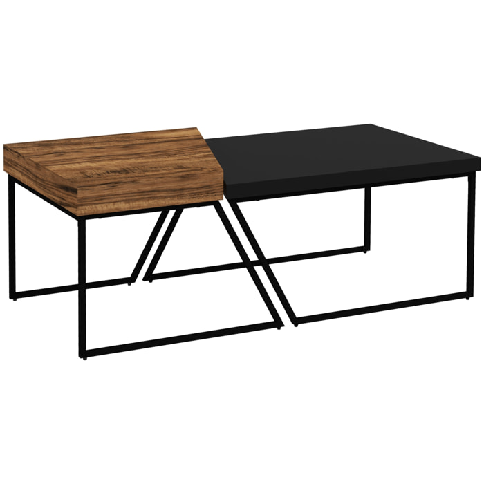 Lot de 2 tables basses design industriel géométrique - effet bois et acier noir