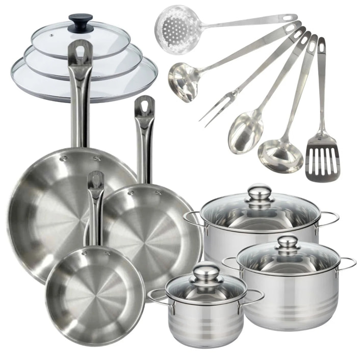 Batterie de cuisine 3 poêles 20/24/28 cm et couvercles, 3 faitouts 16/20/24 cm et 6 ustensiles Fackelmann Eterna
