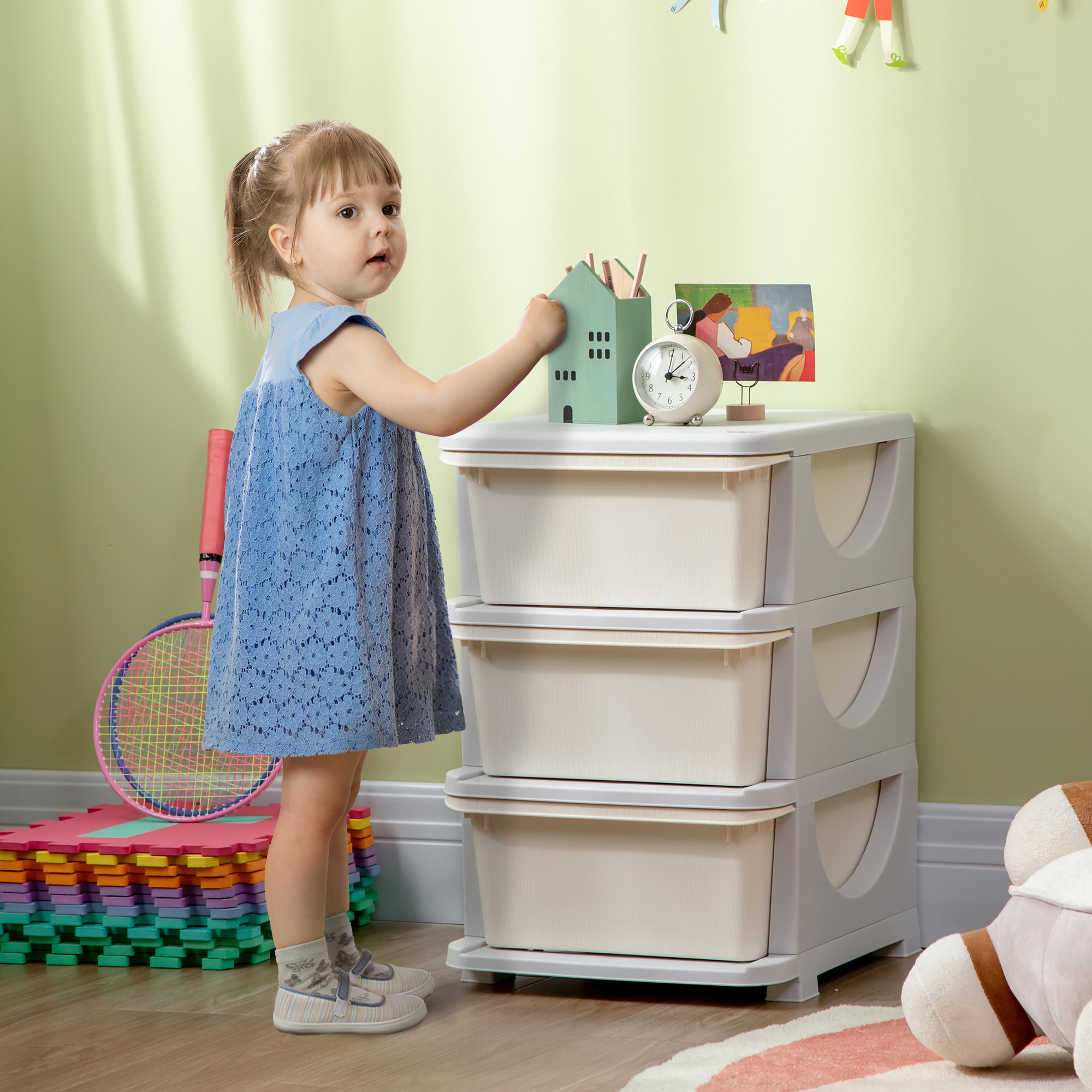 Torre de Almacenamiento Infantil con 3 Cajones Organizador de Juguetes para Niños +3 Años Gran Almacenaje con Asas para Juguetes Ropa Libros 37x37x56,5 cm Crema