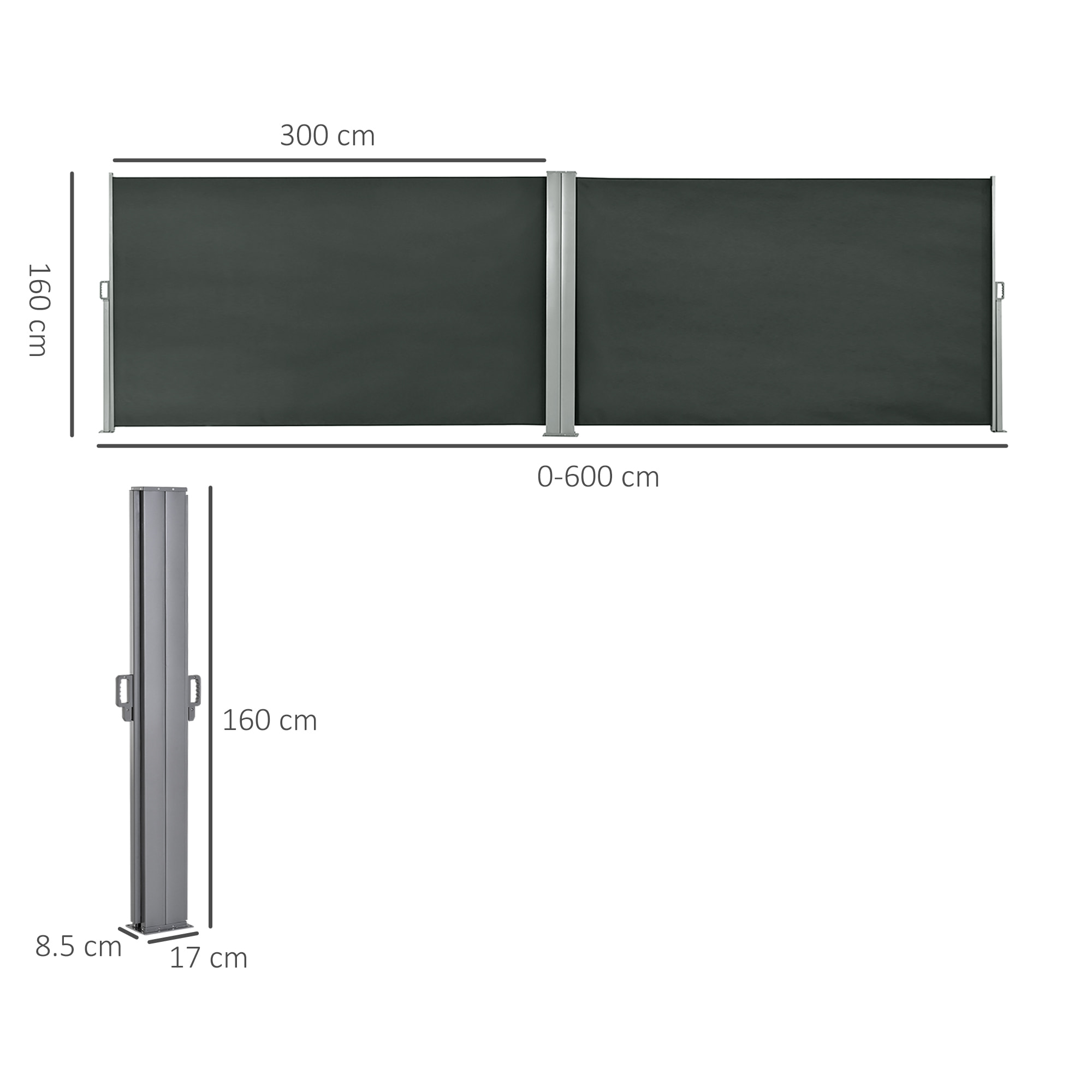 Double store latéral brise-vue paravent rétractable dim. 6L x 1,60H m polyester anti-UV haute densité gris