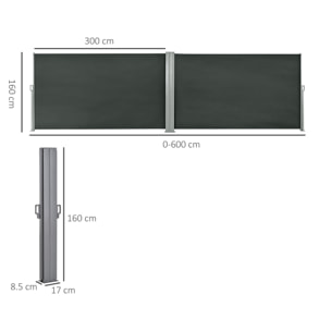 Double store latéral brise-vue paravent rétractable dim. 6L x 1,60H m polyester anti-UV haute densité gris